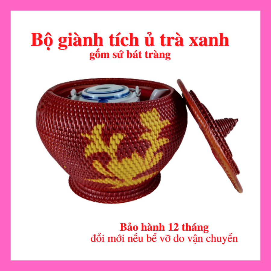 Bộ ấm giành tích ủ trà xanh gốm sứ bát tràng dung tích 1.5L, giành ủ trà bằng sợi nhựa giả mây đan thủ công.