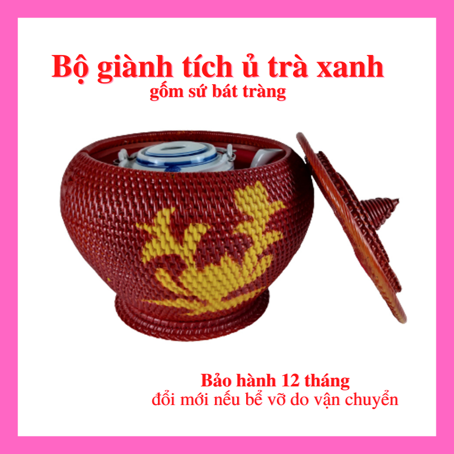 Bộ ấm giành tích ủ trà xanh gốm sứ bát tràng dung tích 1.5L, giành ủ trà bằng sợi nhựa giả mây đan thủ công