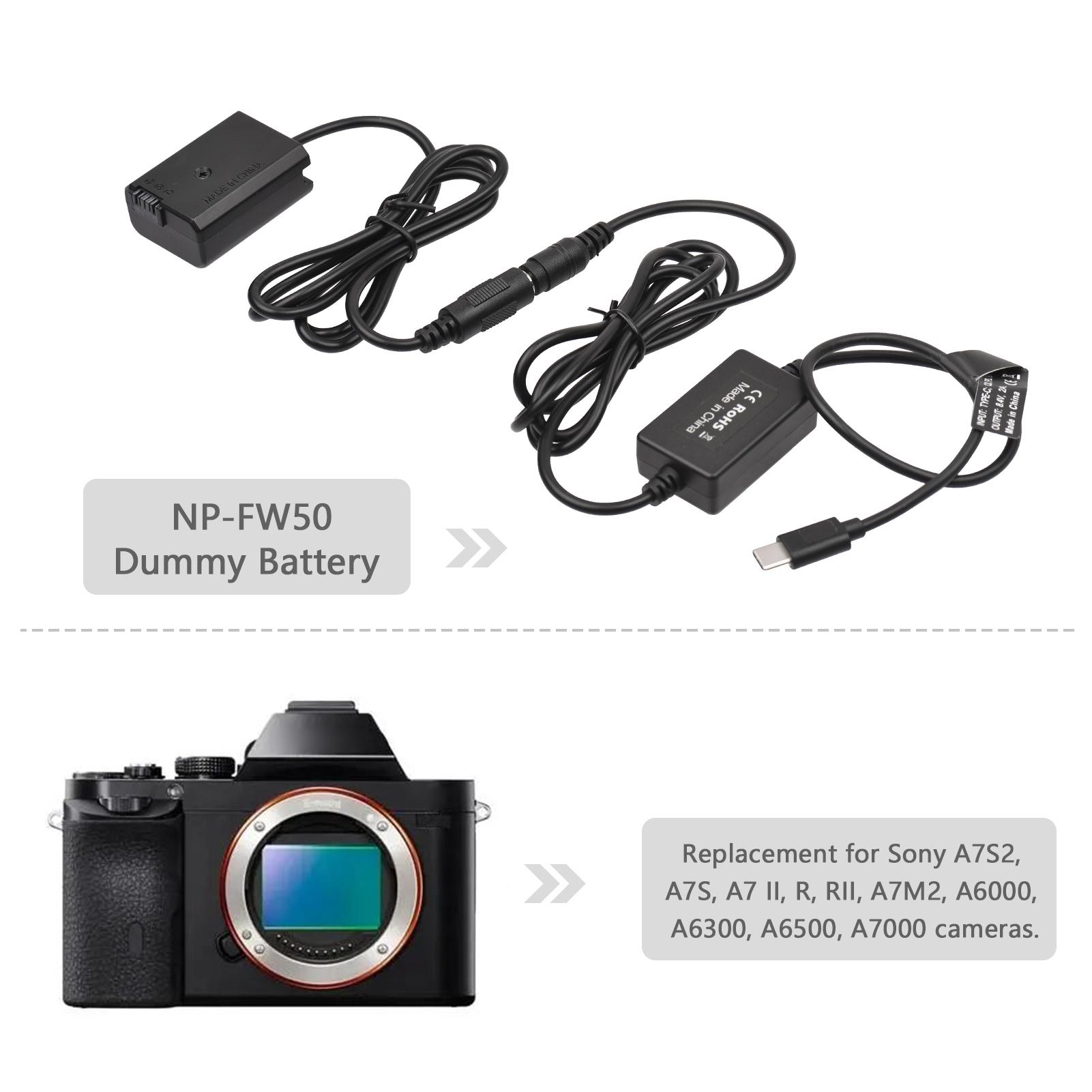 PD USB Type-C Cable to NP-FW50 Dummy Battery DC Coupler for Sony A7S2 A7S A7 II R RII A7M2 A6000 A6300 A6500 A7000