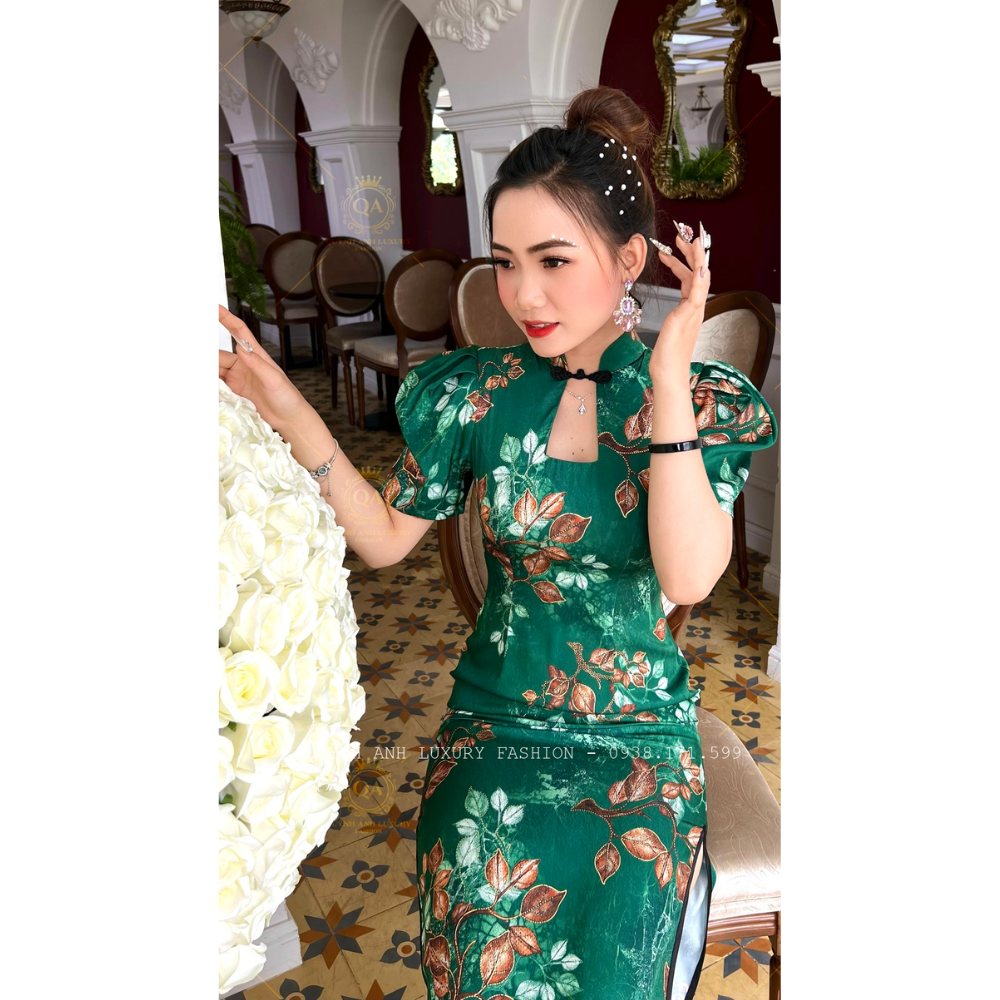 Sườn Xám Cổ Tàu Trung Hoa Lụa Ánh Kim Tone Xanh Sang Trọng Mia Dress