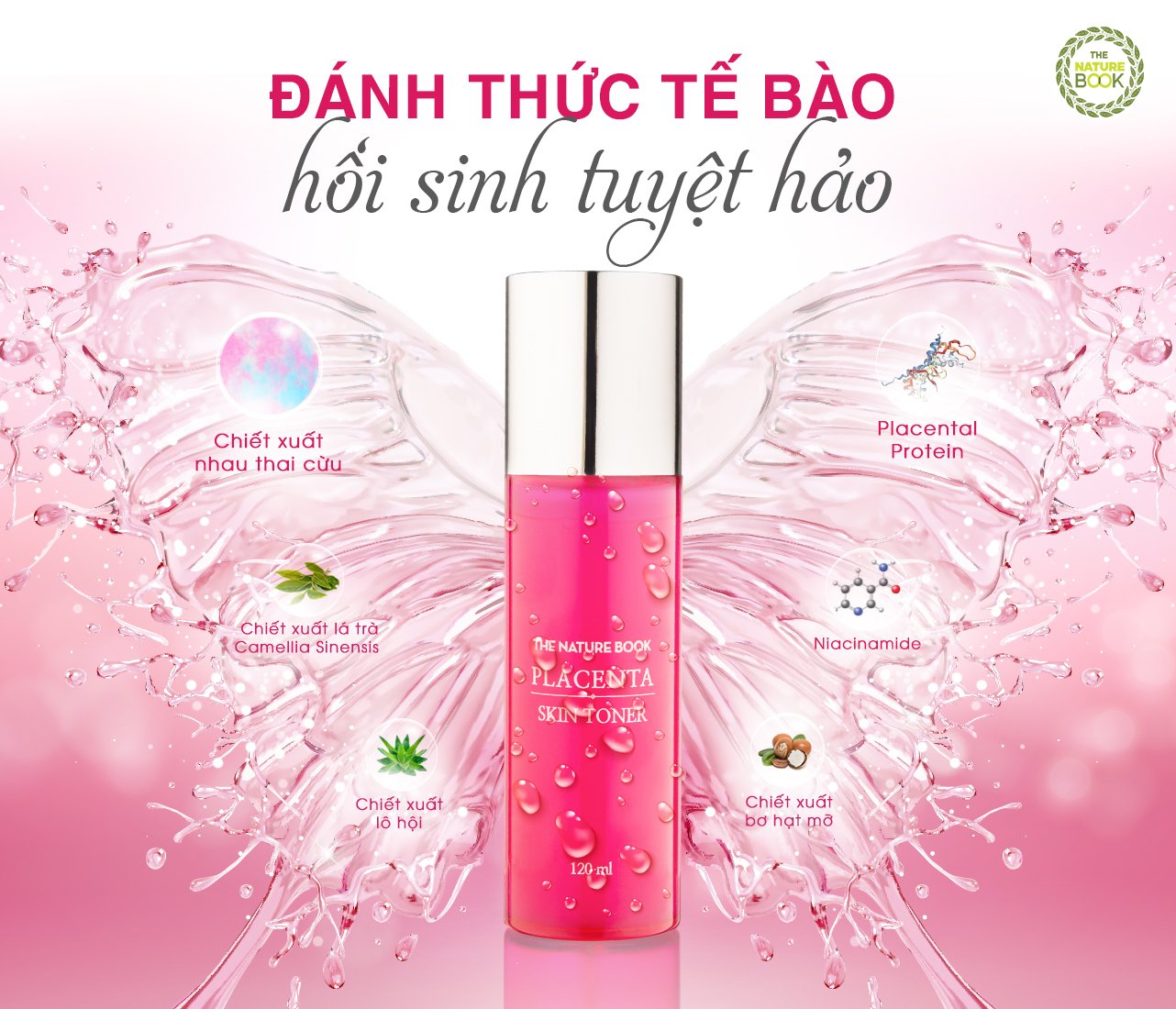 Nước hoa hồng The Nature Book chiết xuất nhau thai cừu Placenta Skin Toner 120ml