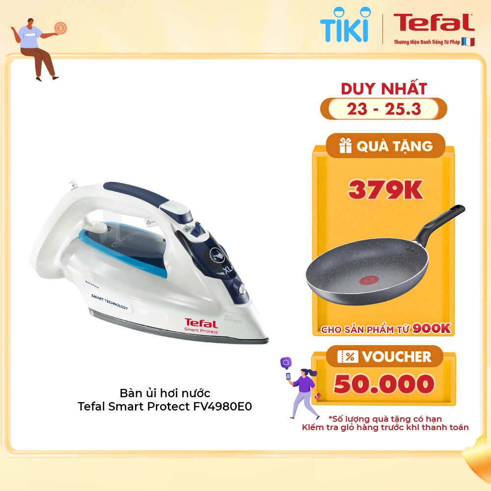 Bàn ủi hơi nước Tefal Smart Protect FV4980E0 -2600W (Trắng phối xanh) - Công nghệ tiên tiến Durilium AirGlide - Thích hợp cho mọi loại vải - Tiết kiệm năng lượng - Hàng chính hãng