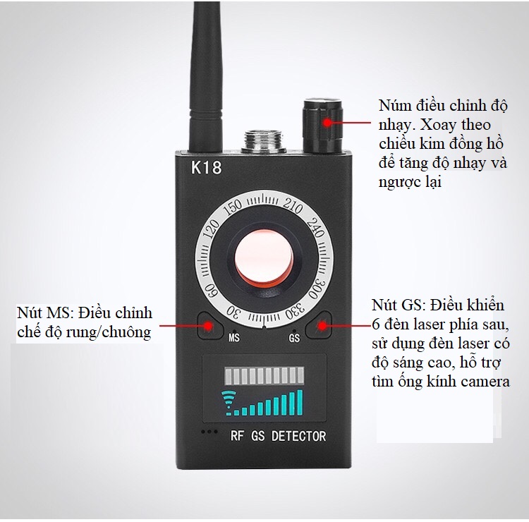 Thiết bị phát hiện định vị, camera quay lén tần số 1MHz – 8000MHz ( Tặng kèm móc kháo tô vít ba chức năng )