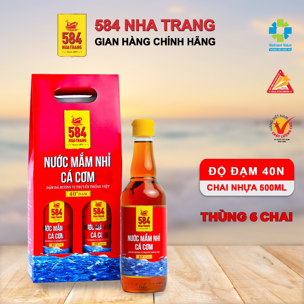 Thùng 6 chai 500ml Nước mắm Nhỉ Cá cơm 40 độ đạm- 584 Nha Trang - Chai PET - Date luôn mới