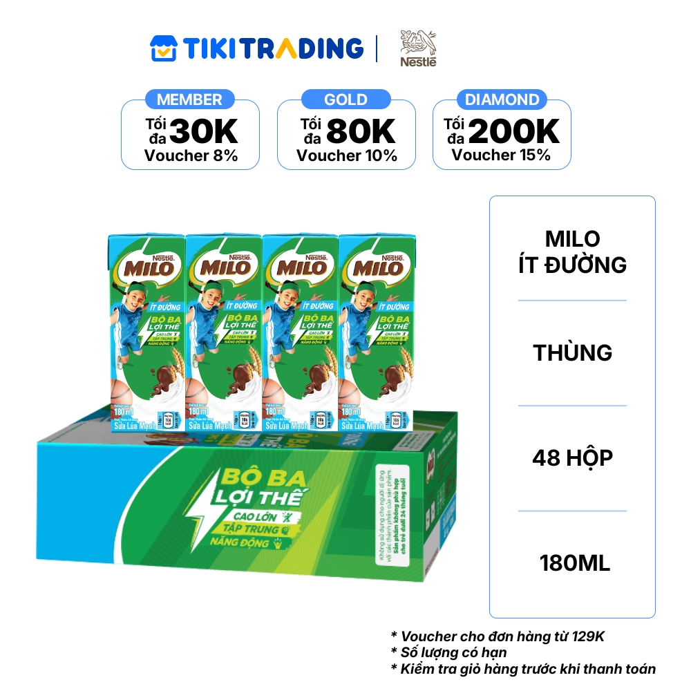 Thùng 48 Hộp Sữa Nestlé Milo Ít Đường (180ml/ Hộp)
