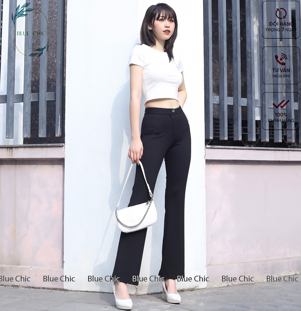 Quần ống rộng Blue Chic lưng cạp cao 1 cúc baggy vải nữ dài suông loe culottes màu đen