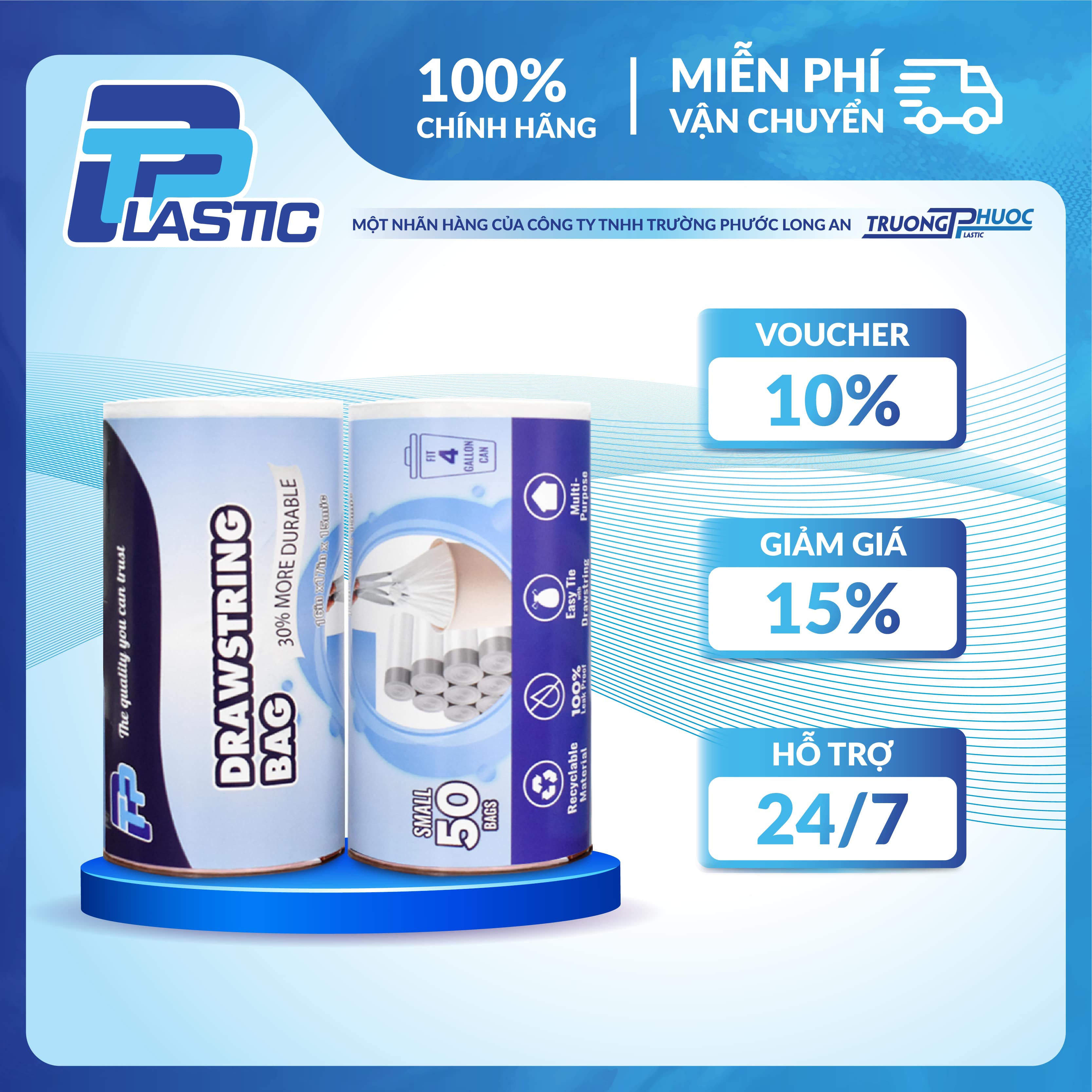 Túi PP Nhựa - Cuộn 50 túi đựng rác có dây rút tiện lợi TP PLastic