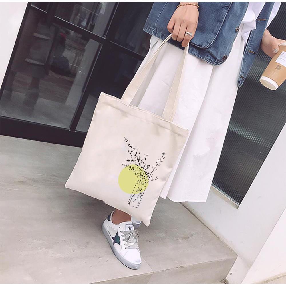 Túi Tote Vải Mộc Ginko kiểu basic có dây kéo khóa miệng túi đựng vừa laptop 14 inch và nhiều đồ dùng khác In Hình Minimalism Art M38