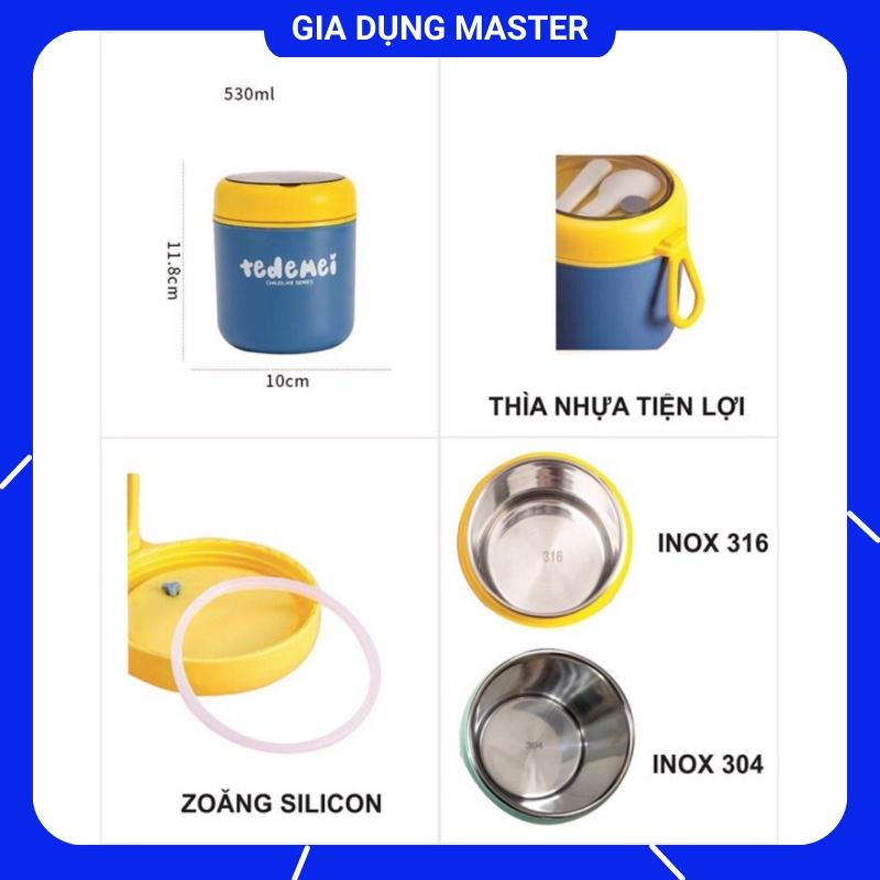 Bình ủ cháo, cốc đựng canh Tedemei chất liệu Inox 304, có kèm theo thìa, dung tích 530ml giữ nhiệt