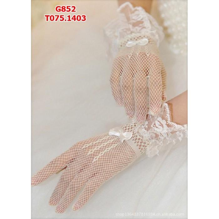 Găng tay cô dâu lưới ren thêu hình trắng Giangpkc