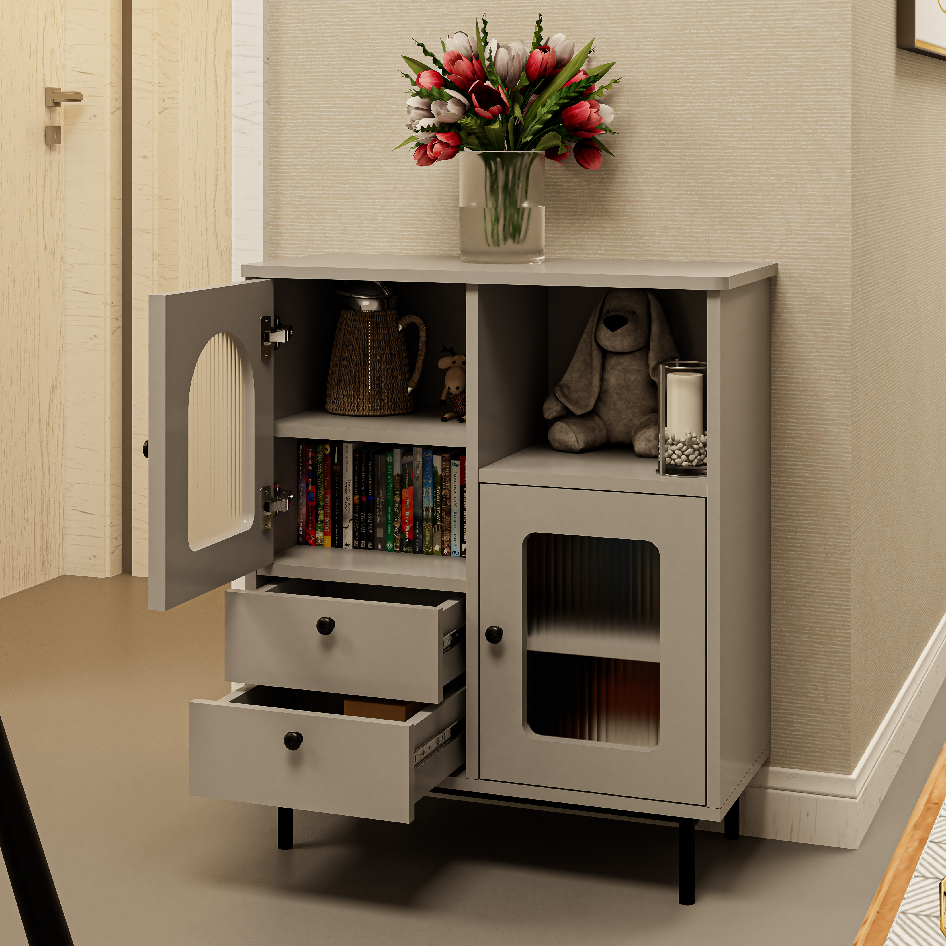 [Happy Home Furniture] SISEEL, Tủ lưu trữ cửa kính 2 cửa mở - Chân sắt, 70cm x 32cm x 82cm ( DxRxC), TLT_010