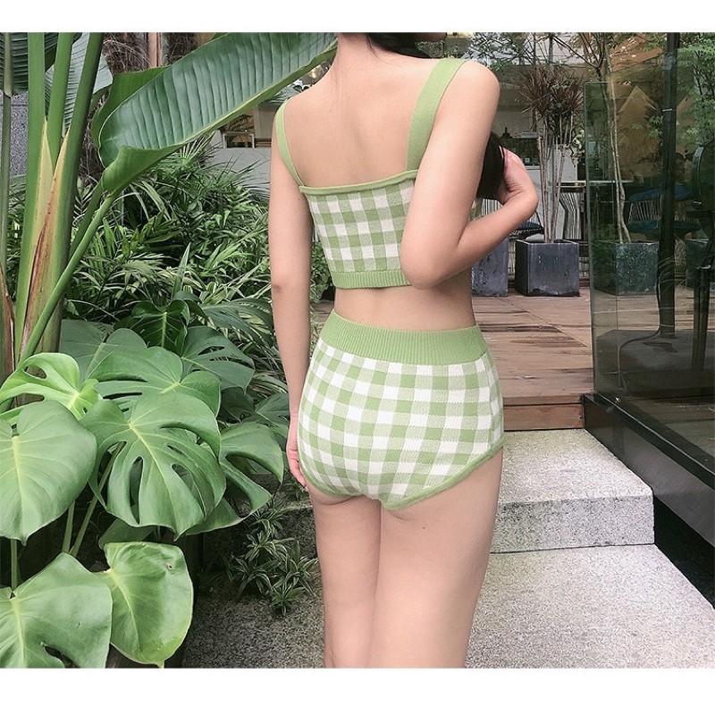 Bikini 2 mảnh đi biển bộ xanh caro Han Quốc