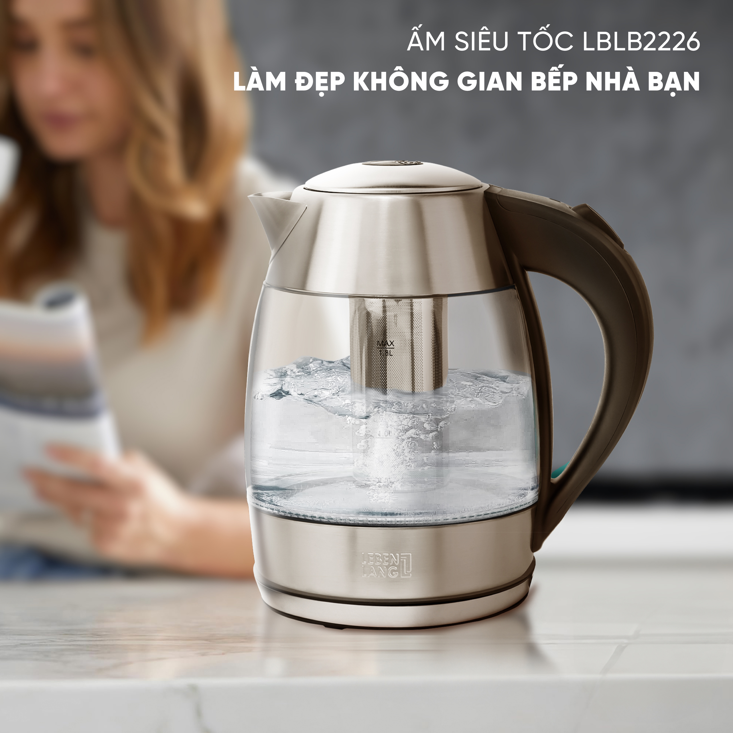 Ấm Siêu Tốc Thủy Tinh Cao Cấp 1,8L Lebenlang LBLB2226 (Model New) Kèm Lõi Lọc Trà, 2200W, Hàng Chính hãng