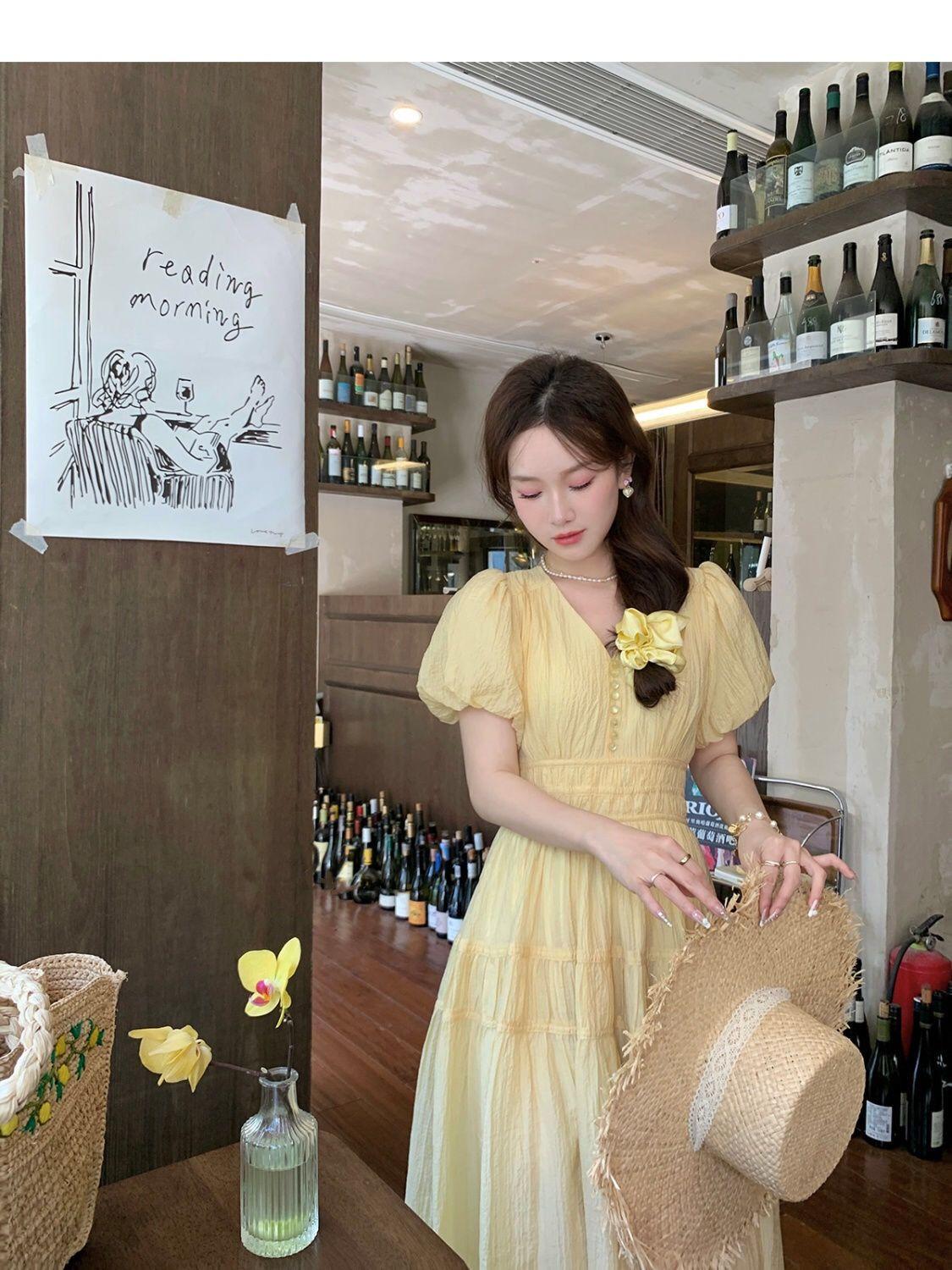 TOBE1SHOP DbyDoi Pháp Vintage dịu dàng gió hiển thị gầy v-cổ tiên nghỉ mát gió váy đầm đầm dài cho trẻ em mùa hè