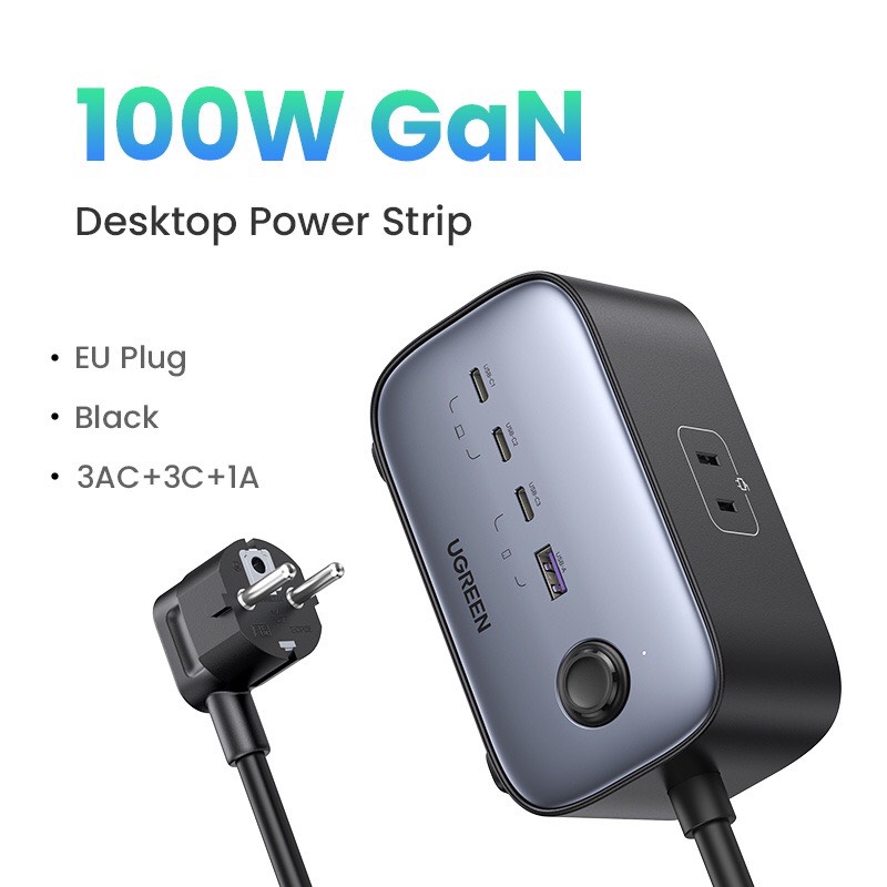 Sạc điện thoại đa năng DigiNest 3 cổng USB-C và 1 USB hỗ trợ GaN 100W màu đen kèm 2 ổ nguồn AC 220V Ugreen (60167). hàng chính hãng