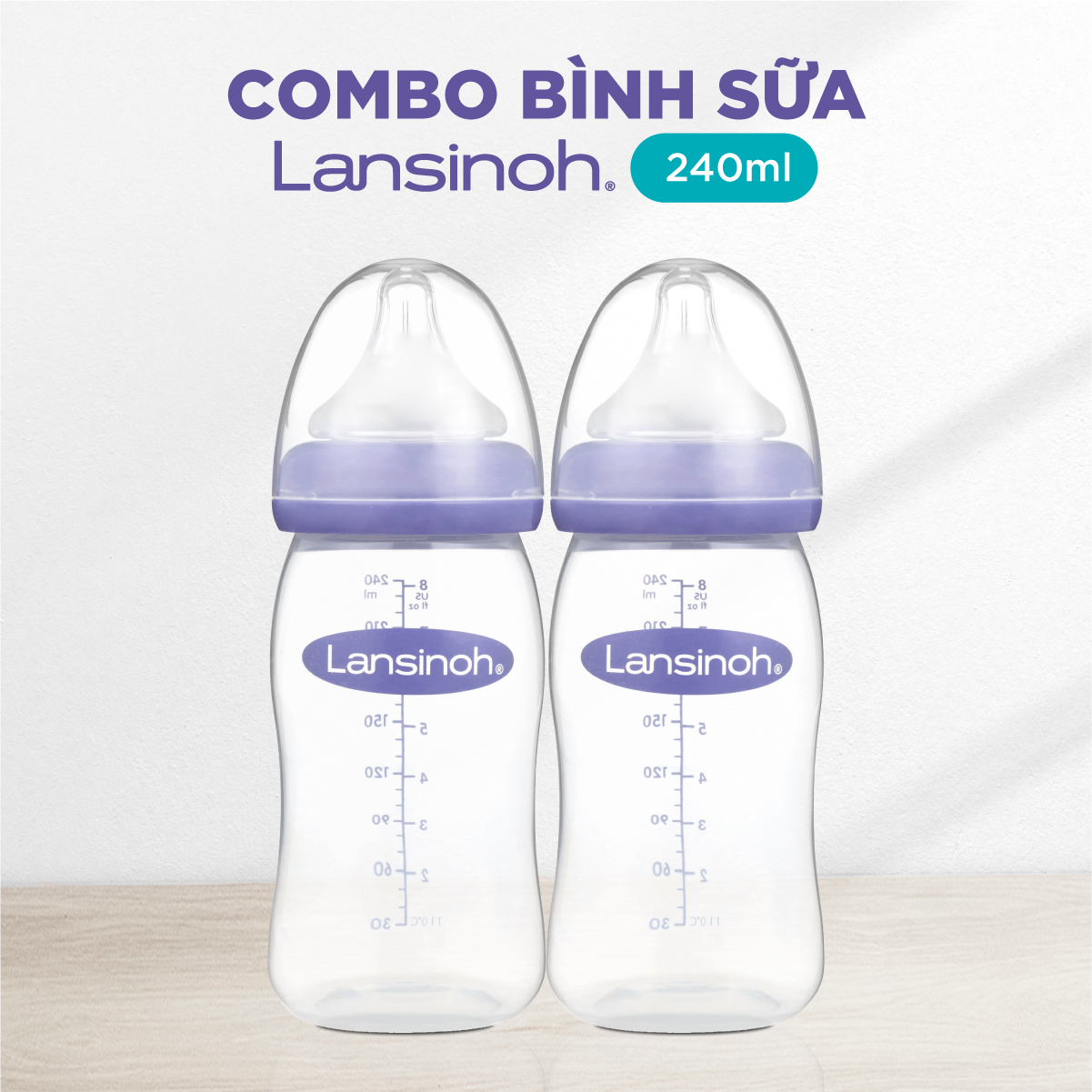 2 Bình Sữa Cổ Rộng Lansinoh 240ml TẶNG 1 Núm Vú Cổ Rộng Lansinoh Size F