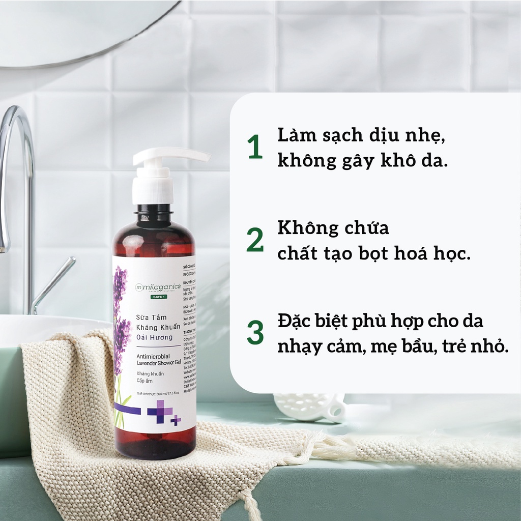 Sữa Tắm Kháng Khuẩn Oải Hương - Kháng Khuẩn An Toàn, Làm Sạch Dịu Nhẹ Milaganics (500ml/ Chai)