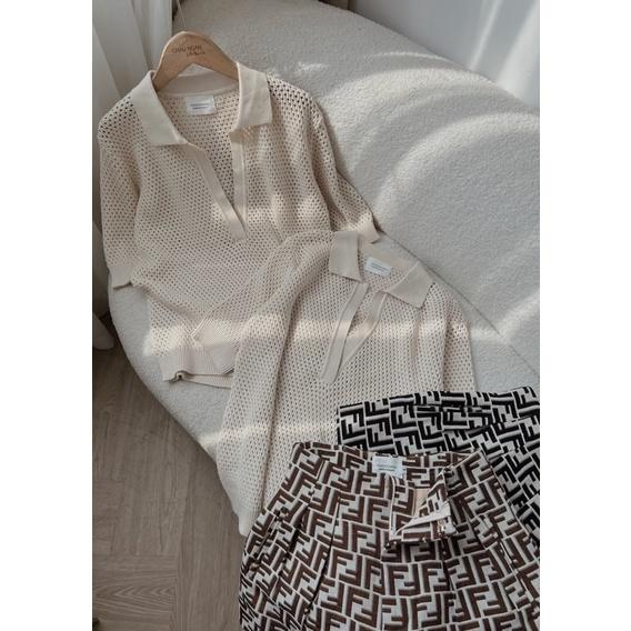 Áo polo ren đan + Quần short ống rộng monogram
