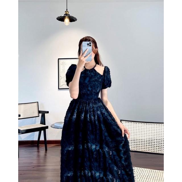 Đầm midi lông cổ yếm tay phồng