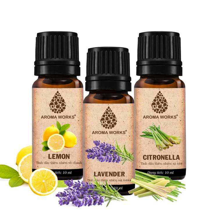 Combo 3 Tinh Dầu Nguyên Chất Aroma Works: Tinh Dầu Oải Hương (10ml) + Tinh Dầu Vỏ Chanh (10ml) + Tinh Dầu Sả Tươi (10ml)