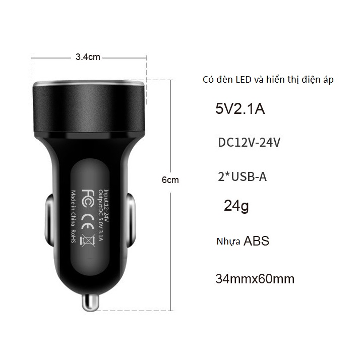 Tẩu sạc ô tô cao cấp 2 cổng USB