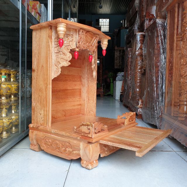 Bàn thờ thần tài ông địa gỗ xoan ngang 40 cm chân quỳ