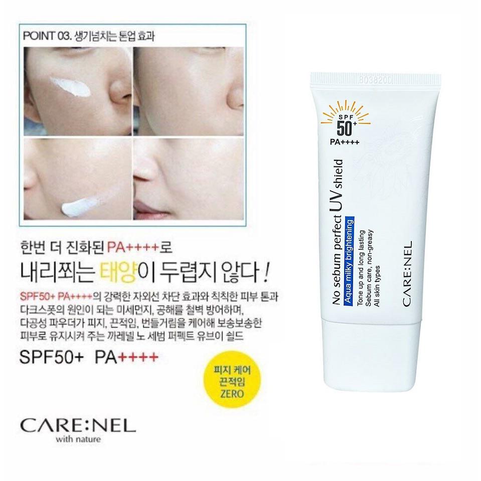 Kem Chống Nắng Nâng Tone Da Care:nel No Sebum Perfect UV Shield SPF50+ PA++++ 50ml