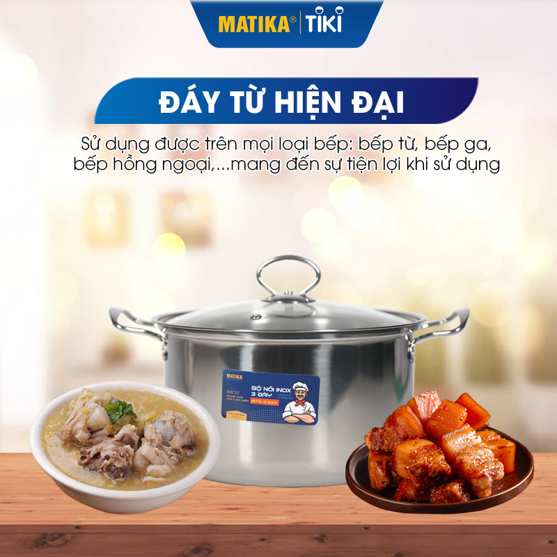 Bộ Nồi Inox 3 Đáy MATIKA MTK-C324 Đáy Từ - Hàng Chính Hãng