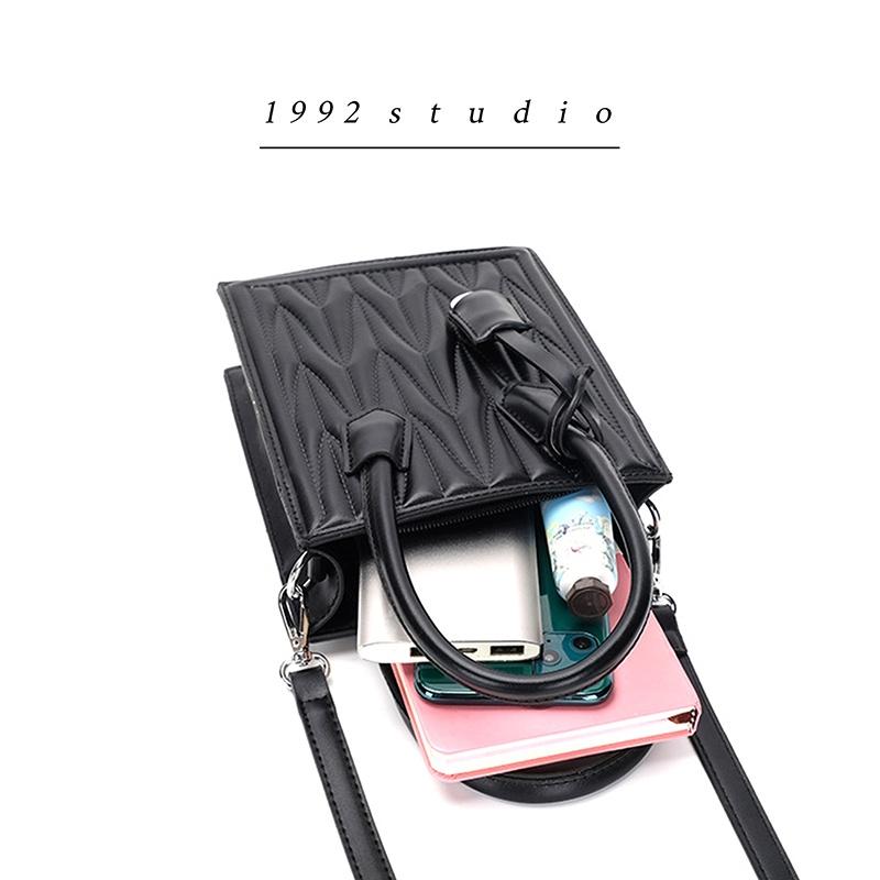 Túi xách nữ 1992 s t u d i o/ KAREN BAG/ màu đen quai xách da vân nổi sành điệu có dây đeo chéo