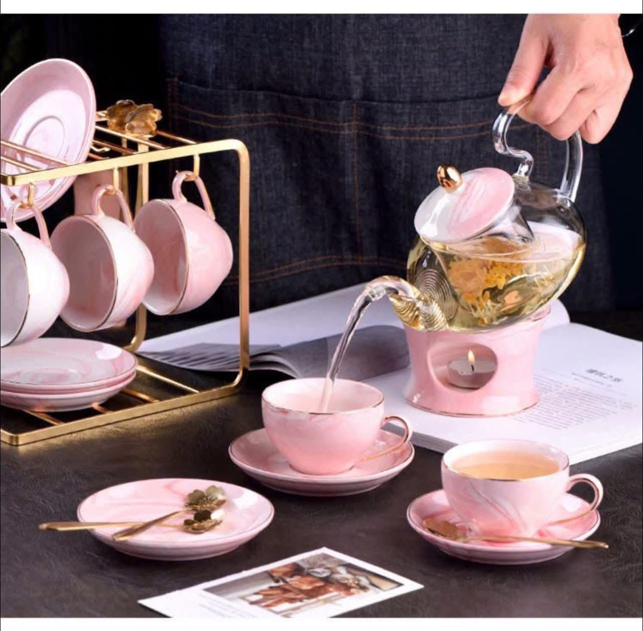 Bộ Ấm Chén Sứ Cao Cấp Màu Hồng Pastel - Phong Cách Hoàng Gia hàng chính hãng