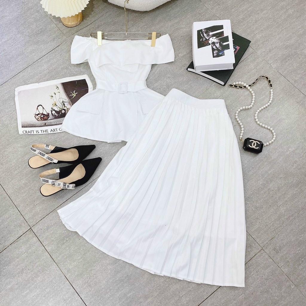 Set áo trắng bẹt vai cháo đắp tà chân vấy trắng midi dập ly mẫu chị thảo nhi shop