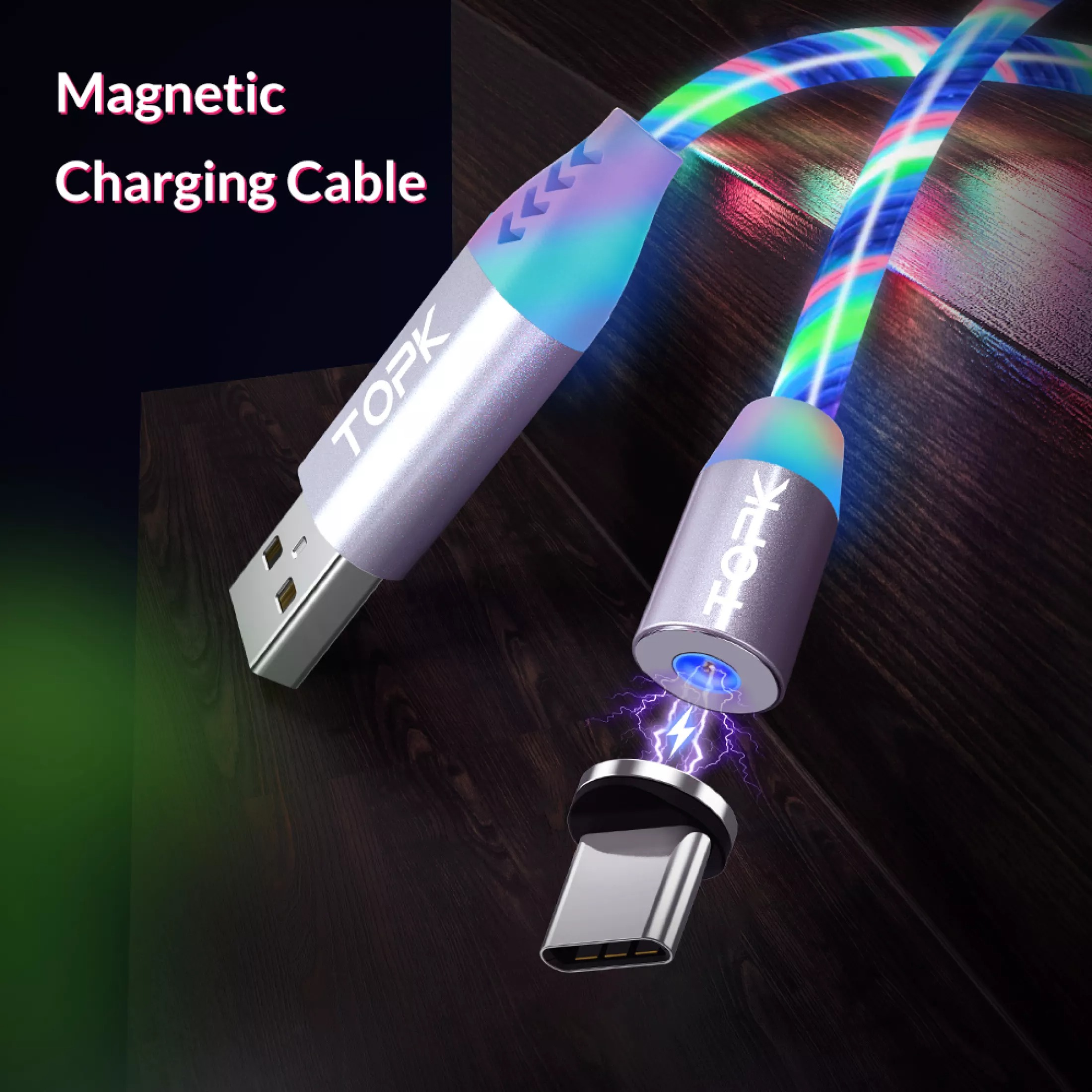 HÀNG CHÍNH HÃNG - Cáp điện thoại đèn LED phát sáng TOPK AM67 USB - Micro Từ Tính Dành Cho Samsung, Xiaomi, Huawei,... - Phân phối bởi TOPK VIỆT NAM