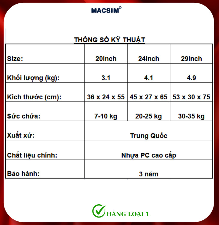 Vali cao cấp Macsim Hanke MSH80002 size 29inch màu đen - Hàng loại 1