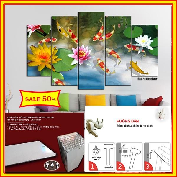 10 Mẫu tranh Cửu Ngư - Tranh Phong thủy treo phòng khách Bộ 5 tấm ghép hiện đại