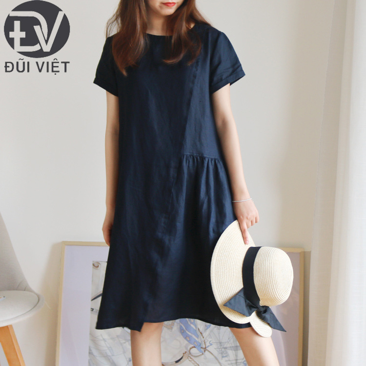 Đầm suông linen cổ tròn cơ bản, phong cách trẻ trung không kén dáng mặc Thời trang hè nữ Đũi Việt