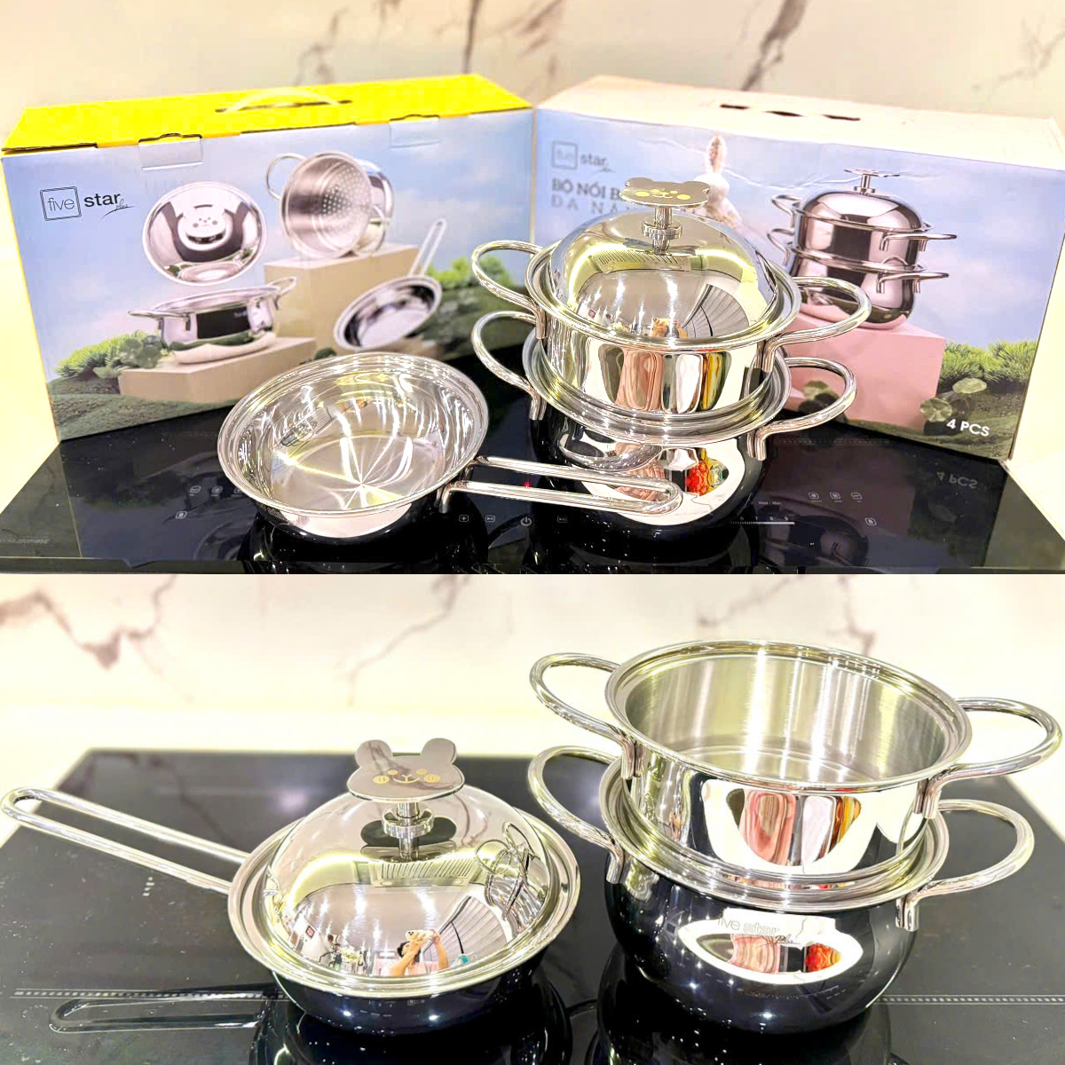 Bộ Nồi Baby 3 Món Fivestar Plus FPB3005 3 Lớp Inox 304 gồm 1 nồi 16 cm 1 xửng 16 cm 1 chảo 16 cm