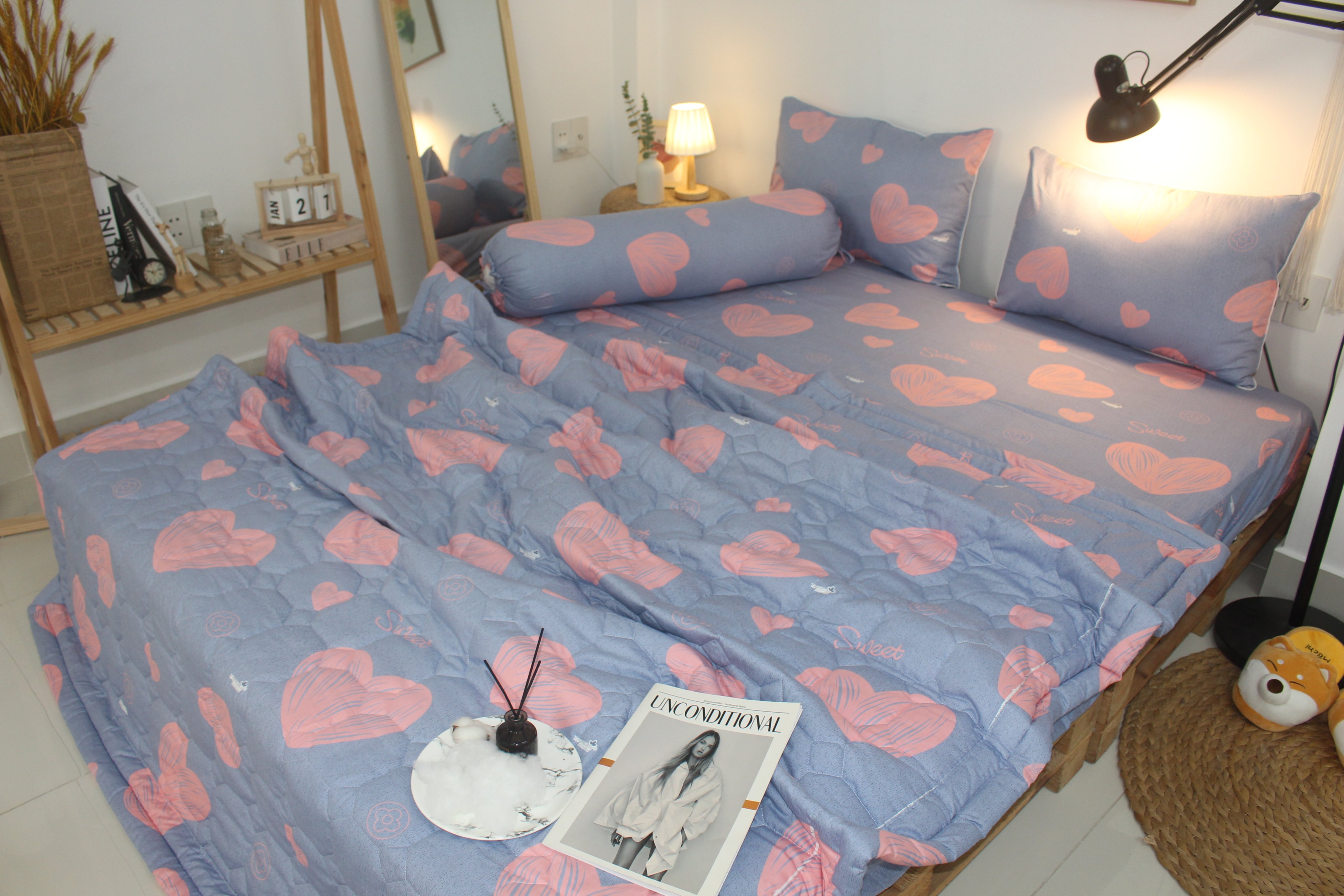 Bộ Drap Gối Cotton -Mẫu Trái Tim- vải dày dặn, mát mẻ, siêu thấm mồ hôi