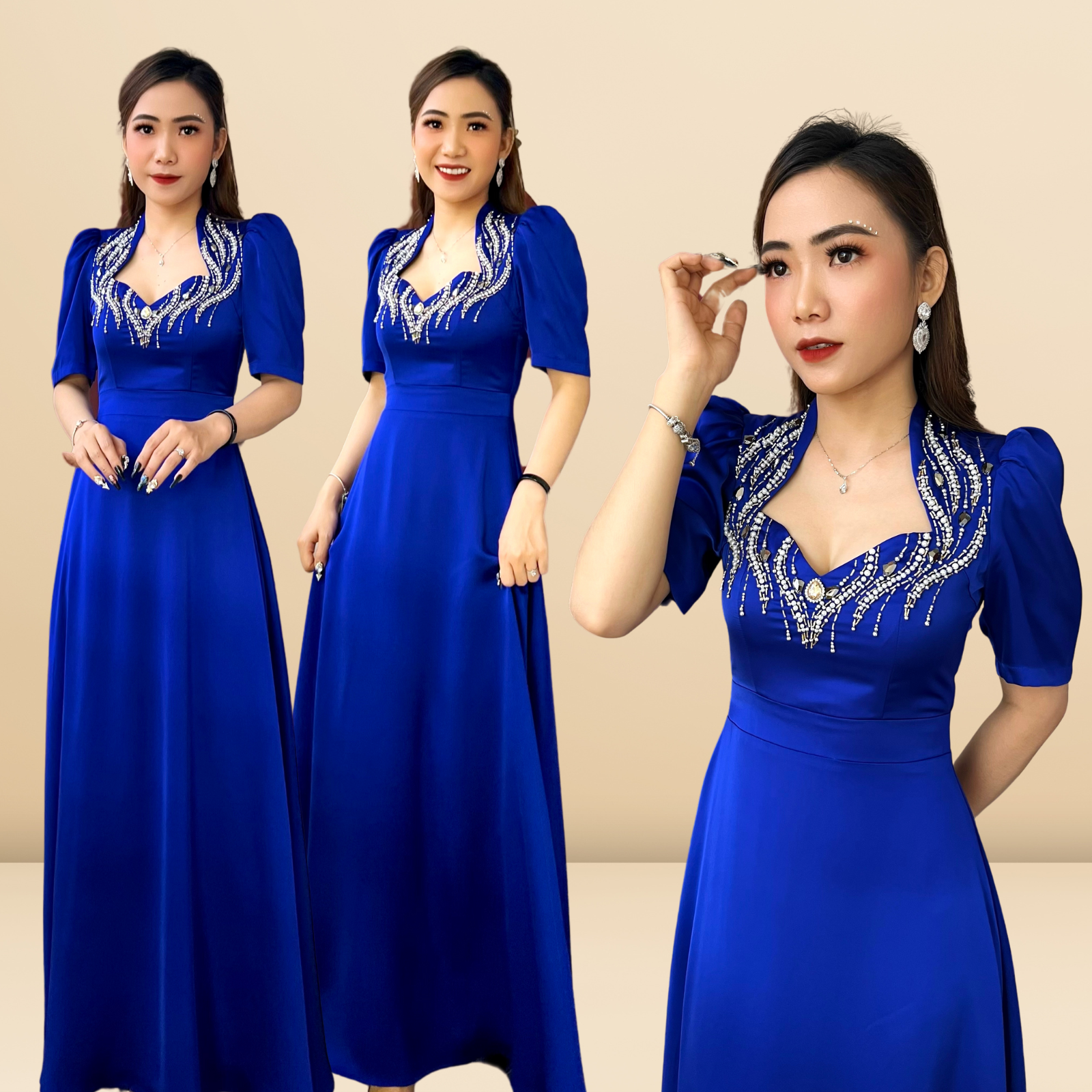 Đầm dạ hội nữ lụa đính đá đi tiệc kết hoa cao cấp Rosaleen Dress Quỳnh Anh Luxury