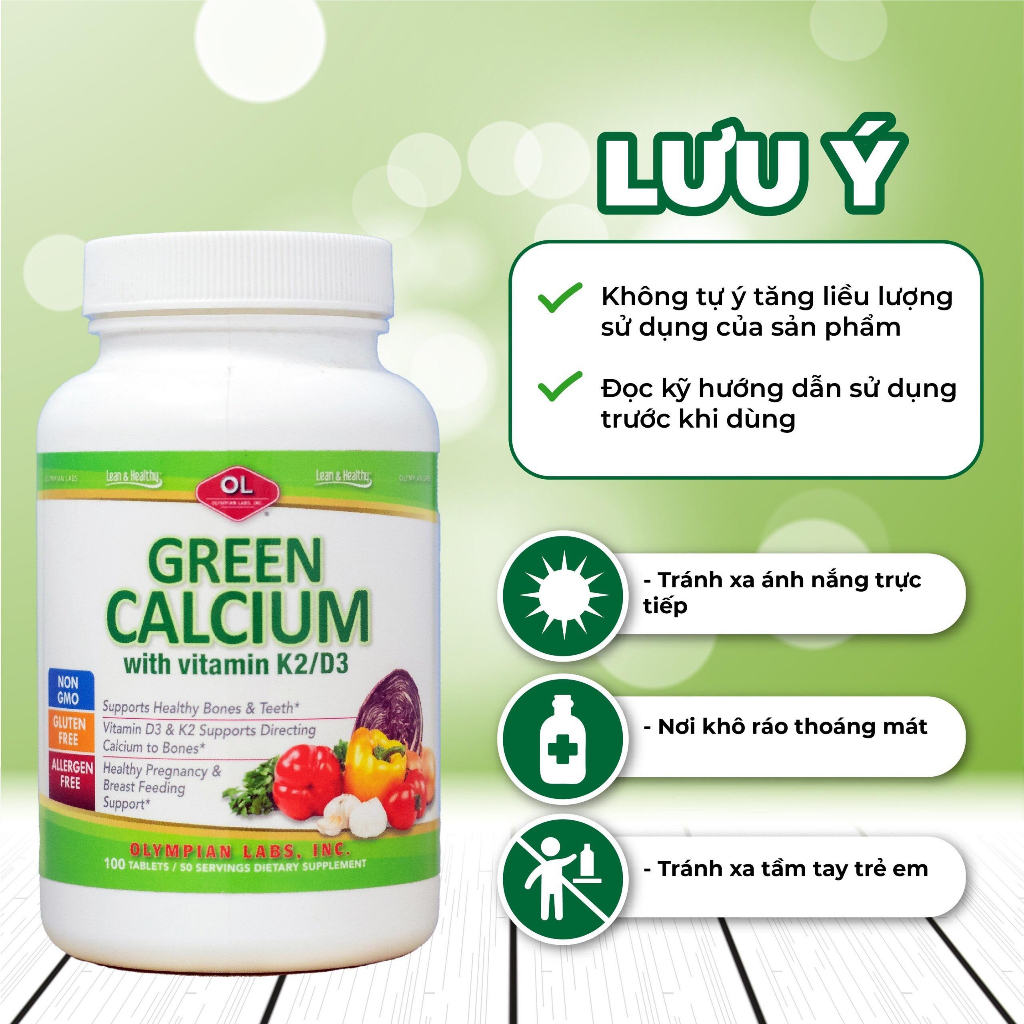 Viên Uống Olympian Labs Green Calcium Bổ Sung Canxi Hữu Cơ Cho Bà Bầu, Trẻ Em, Người Lớn - Hộp 100 Viên