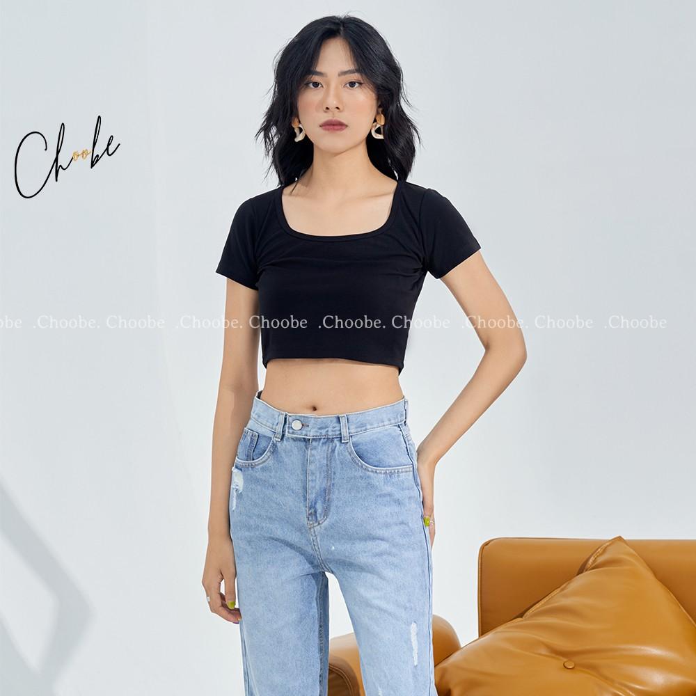 Áo croptop Choobe cổ vuông vải mịn co giãn tốt ba lỗ nữ cộc tay body thun ôm - A27