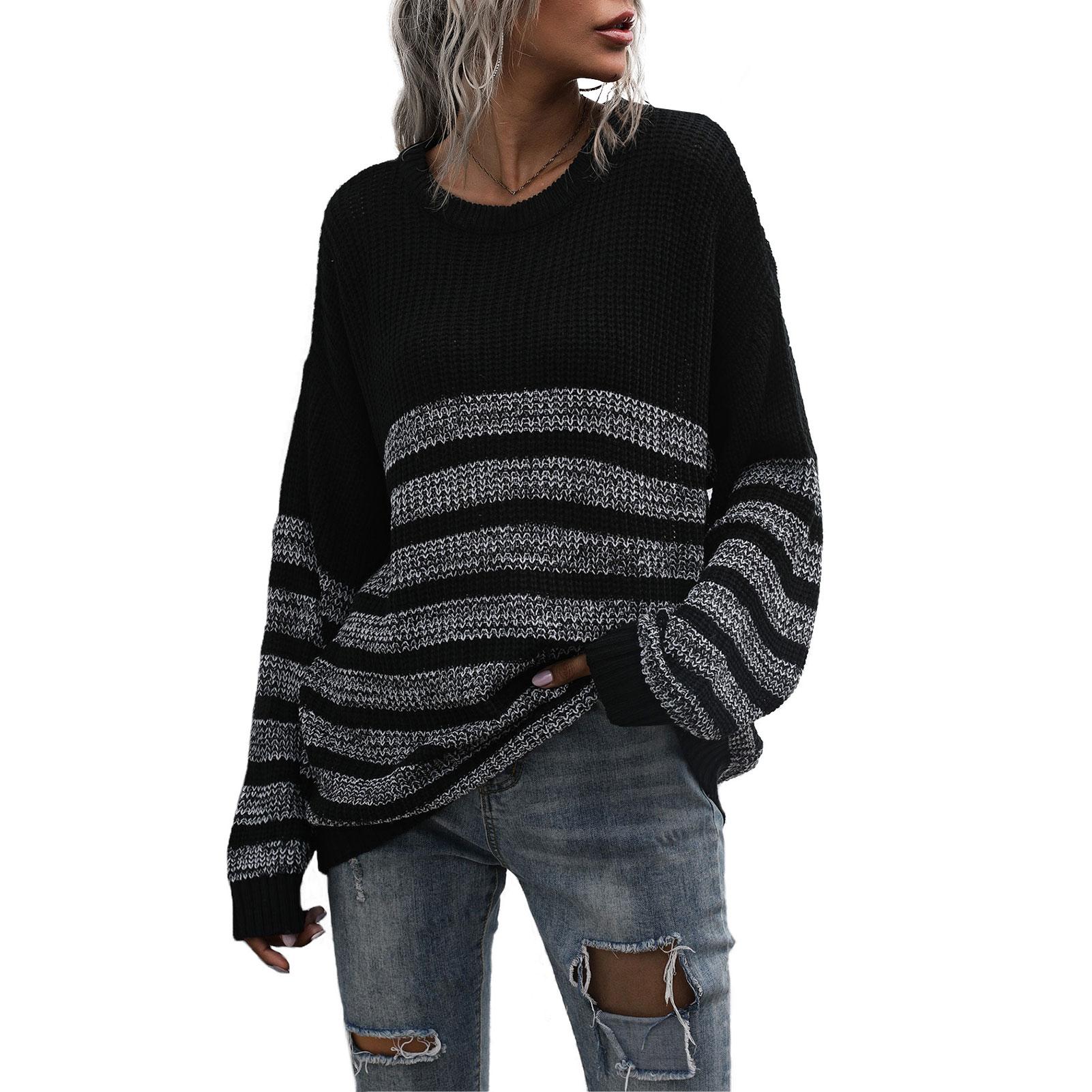 Women Loose Knitted Sweater Stripped Splicing Long Sleeve Mid-Length Pullover Tunics Casual Sweatshirt