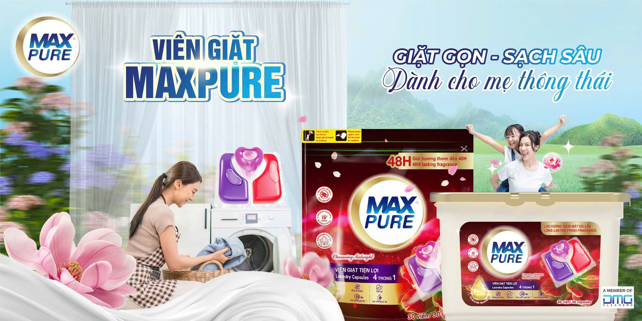 Túi 30 viên giặt tiện lợi MaxPure 4in1- hương đắm say TẶNG 1 vỉ viên treo bồn cầu hương lavender