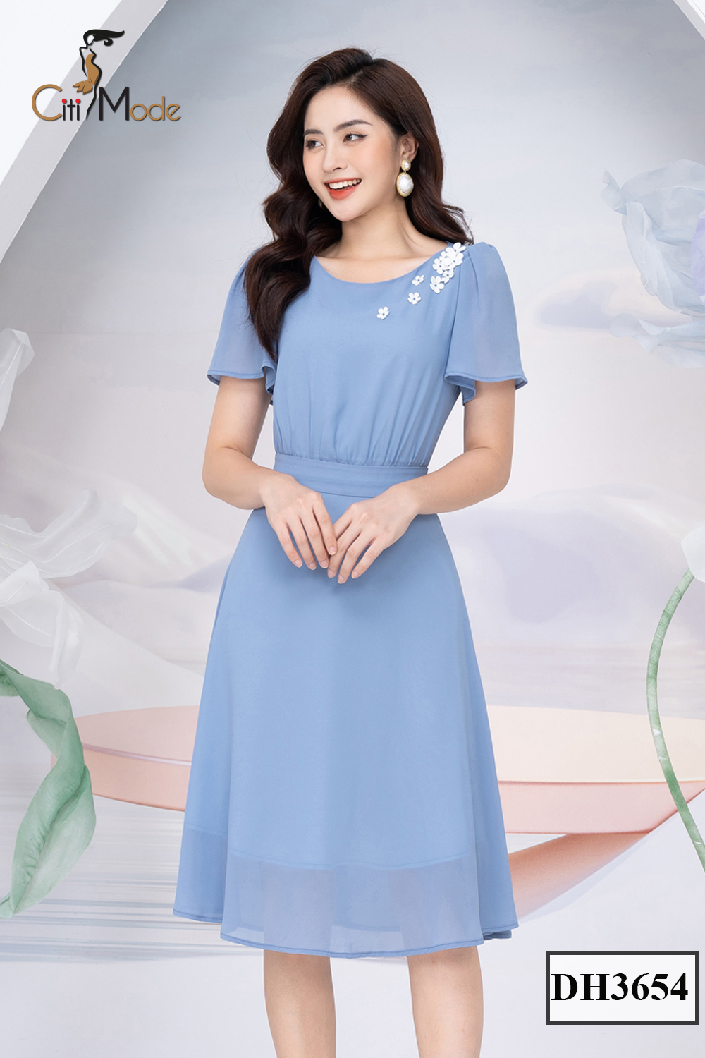 Đầm xoè Voan xanh thêu hoa vai DH3654