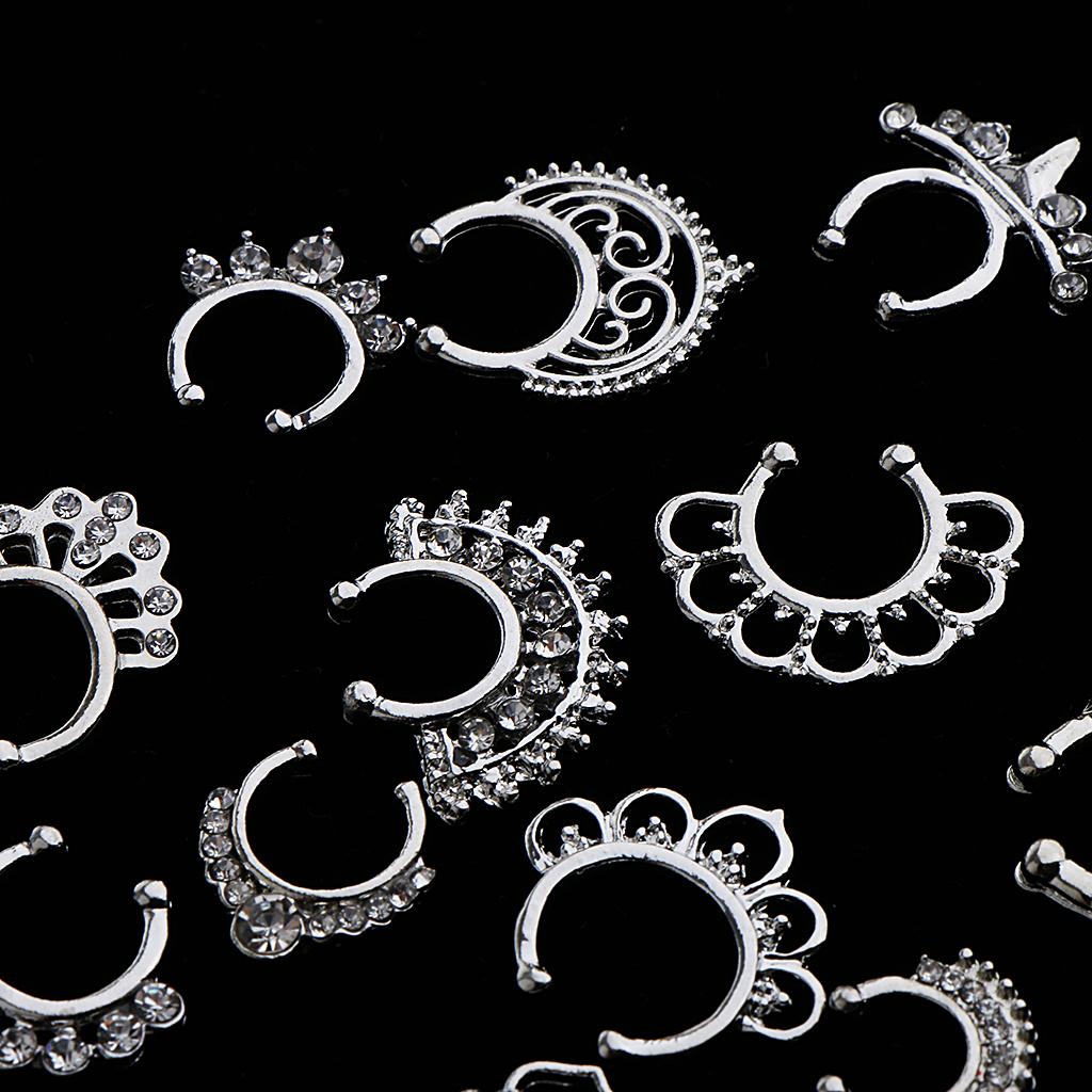 21 Pieces Crystal Fake Septum Clicker Nose Ring Non-piercing Assorted Shape Illusion Piercing Nose Ring Loop