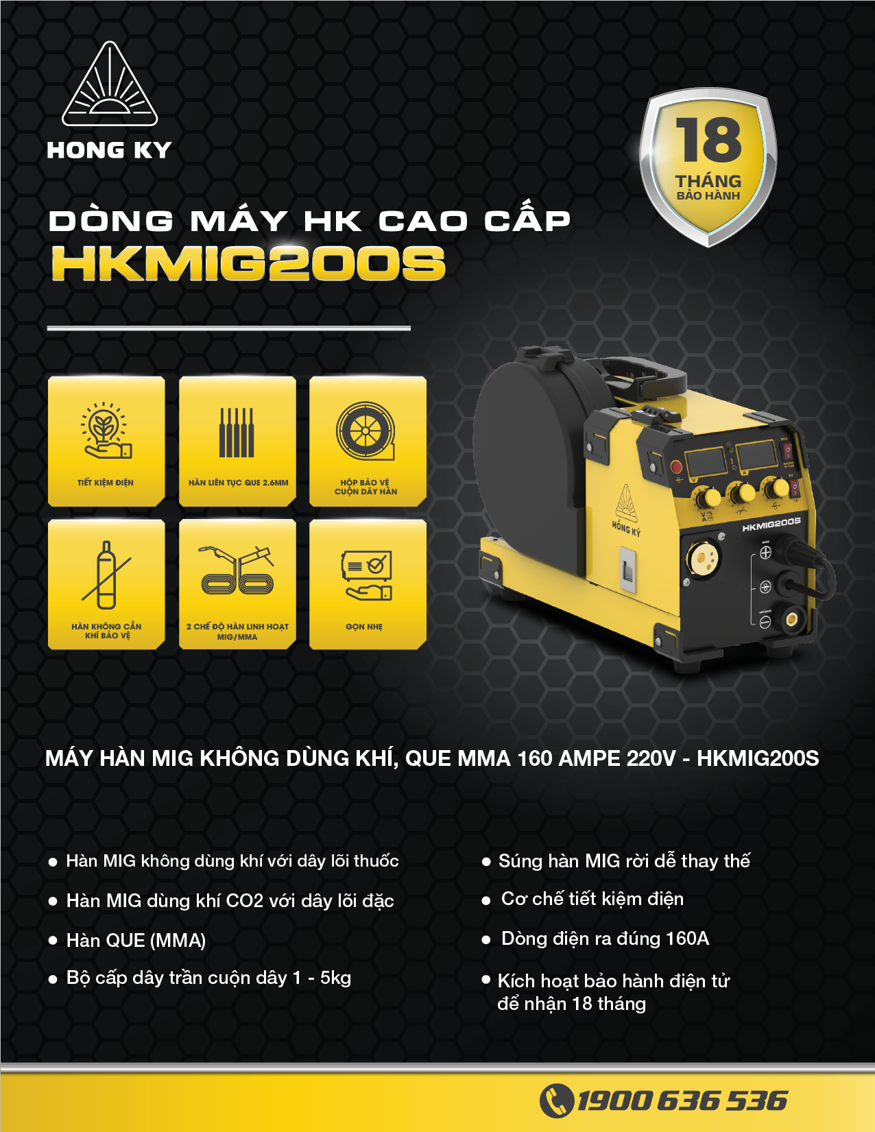 Máy hàn MIG không dùng khí, que MMA Hồng Ký Master 160 Ampe 220V HKMIG200S