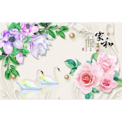 Tranh dán tường Tranh hoa và đôi thiên nga trang trí phong phú, tranh dán tường 3d hiện đại MS1142467