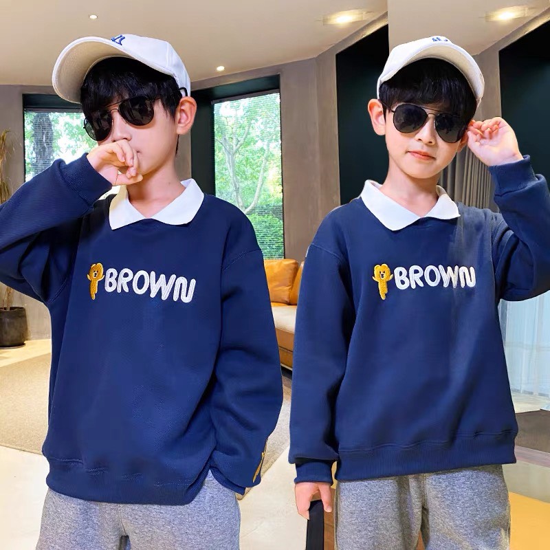 Áo thu đông bé trai, bé gái &quot;BROWN&quot; 14-45kg, Áo nỉ sweater ấm áp cho bé 4-15 tuổi. Vải da cá dày dặn. Hàng may kỹ. G48