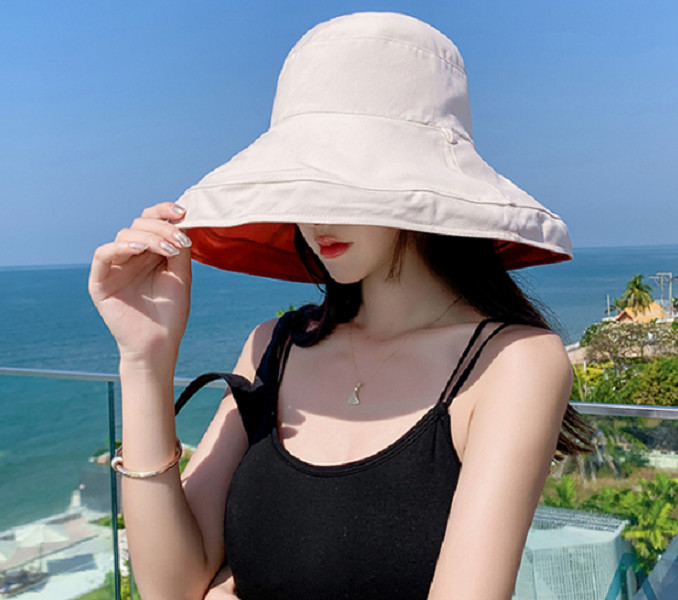 Mũ chống nắng nữ thời trang, nón rộng vành đội 2 mặt phong cách Hàn màu cam