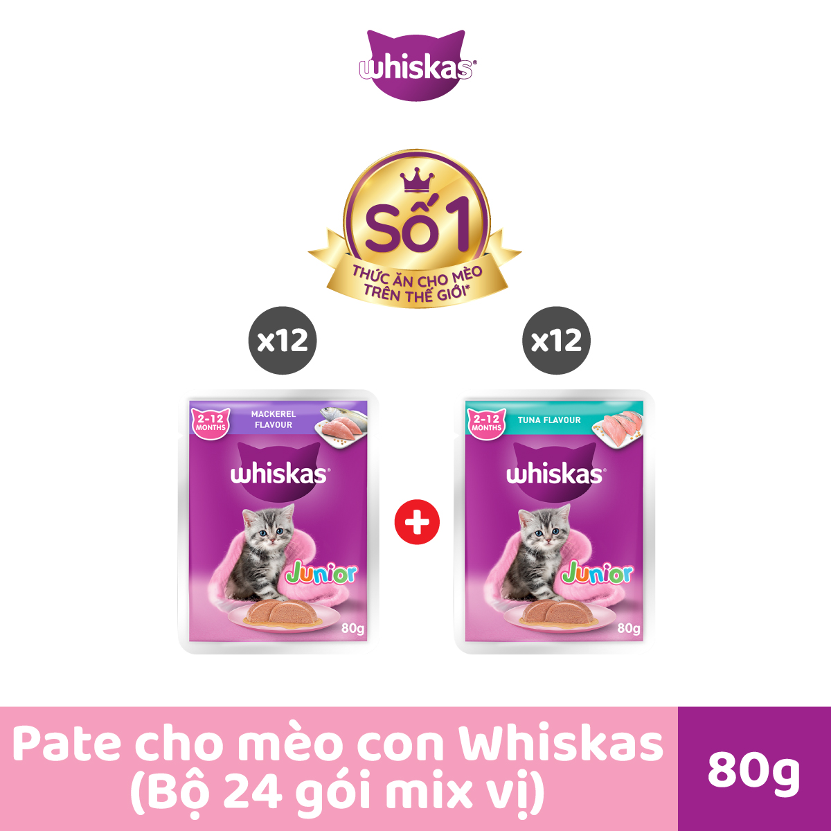 Combo Whiskas mèo con 80g mix 2 vị (cá ngừ + cá thu) - 24 túi