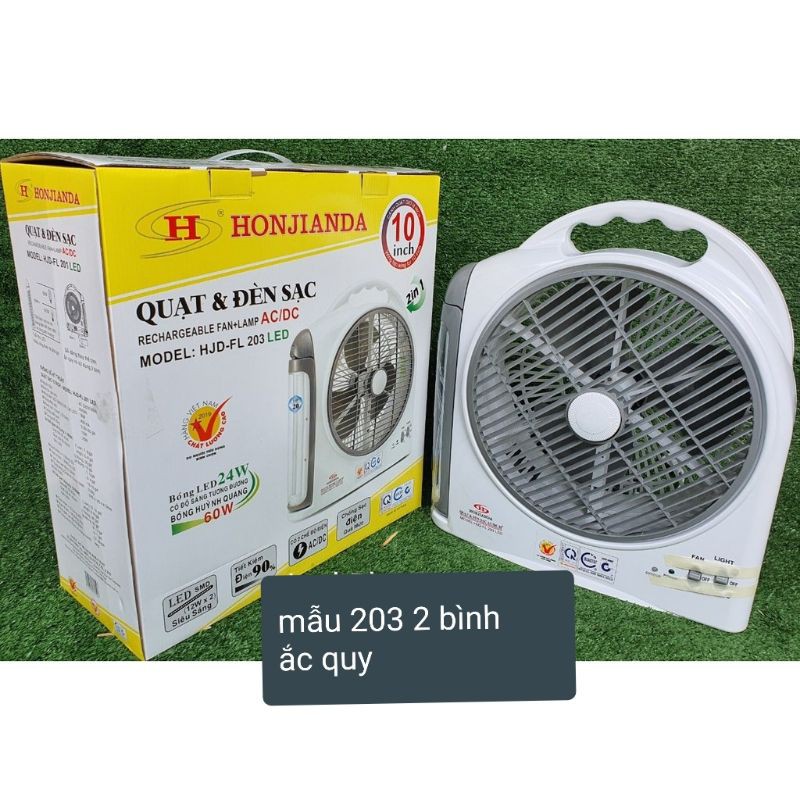 Quạt Sạc Kiêm Đèn Sạc HONJIANDA HJD- FL203 LED 2 bình - Hàng chính hãng